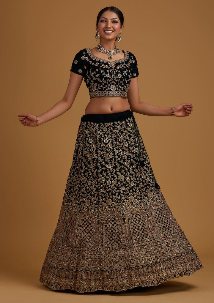 Peacock Blue Stonework Velvet Designer Semi-Stitched Lehenga - koskii
