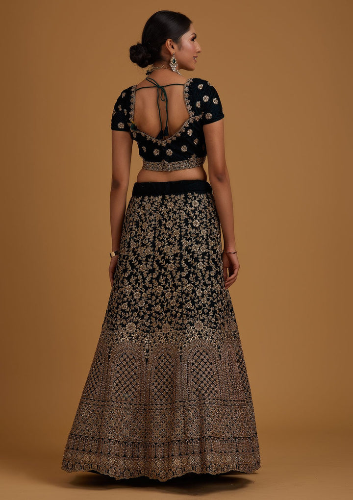 Peacock Blue Stonework Velvet Designer Semi-Stitched Lehenga - koskii