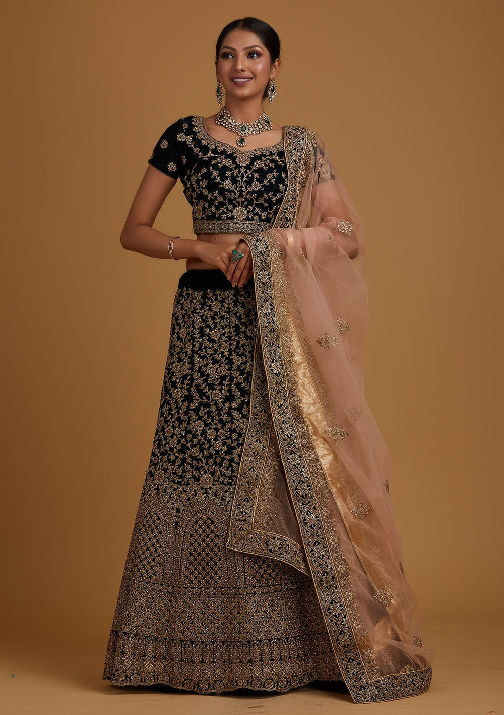 Peacock Blue Stonework Velvet Designer Semi-Stitched Lehenga - koskii
