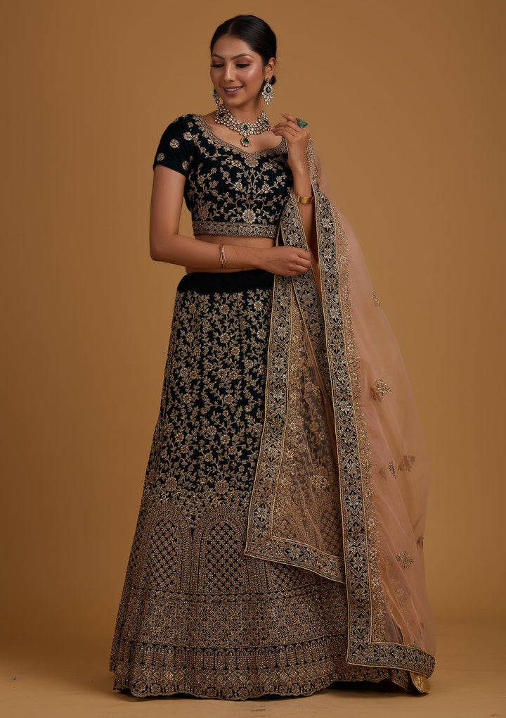 Peacock Blue Stonework Velvet Designer Semi-Stitched Lehenga - koskii