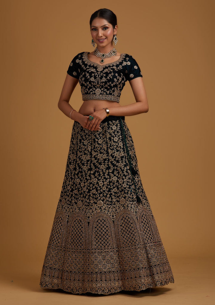 Peacock Blue Stonework Velvet Designer Semi-Stitched Lehenga - koskii