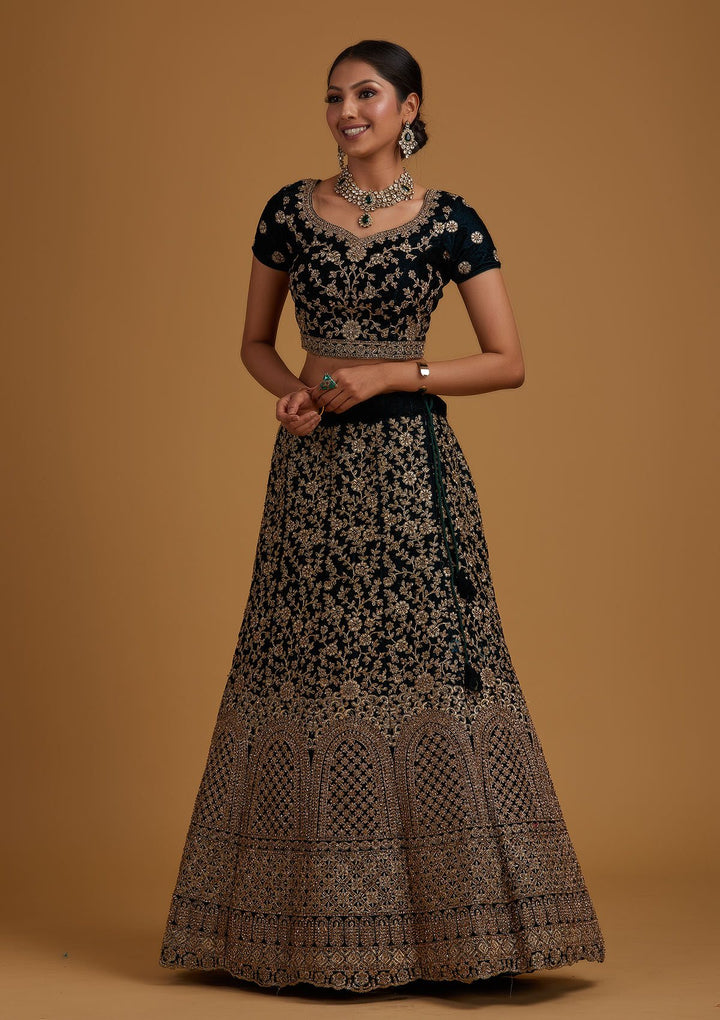 Peacock Blue Stonework Velvet Designer Semi-Stitched Lehenga - koskii