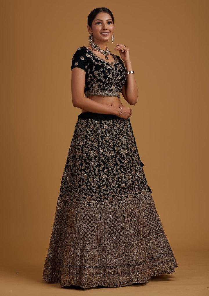 Peacock Blue Stonework Velvet Designer Semi-Stitched Lehenga - koskii