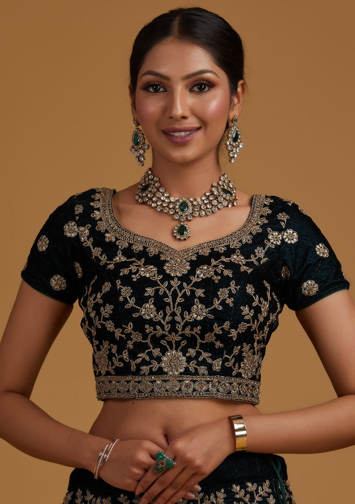 Peacock Blue Stonework Velvet Designer Semi-Stitched Lehenga - koskii