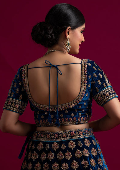Peacock Blue Stonework Velvet Designer Semi-Stitched Lehenga - koskii