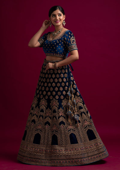 Peacock Blue Stonework Velvet Designer Semi-Stitched Lehenga - koskii