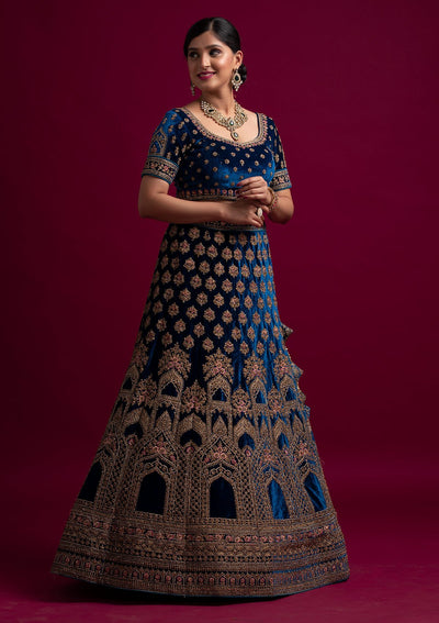 Peacock Blue Stonework Velvet Designer Semi-Stitched Lehenga - koskii