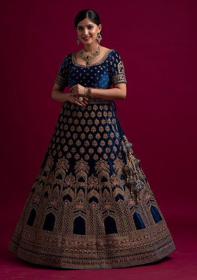 Peacock Blue Stonework Velvet Designer Semi-Stitched Lehenga - koskii