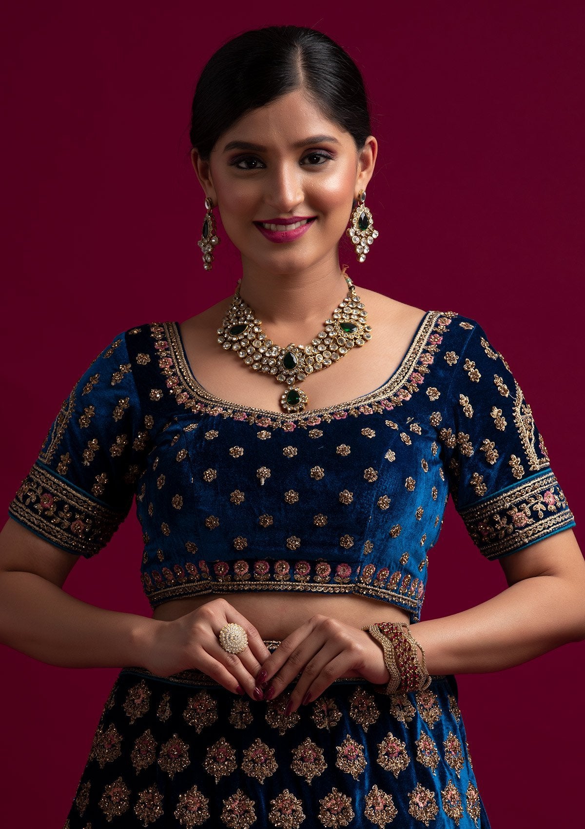 Peacock Blue Stonework Velvet Designer Semi-Stitched Lehenga - koskii