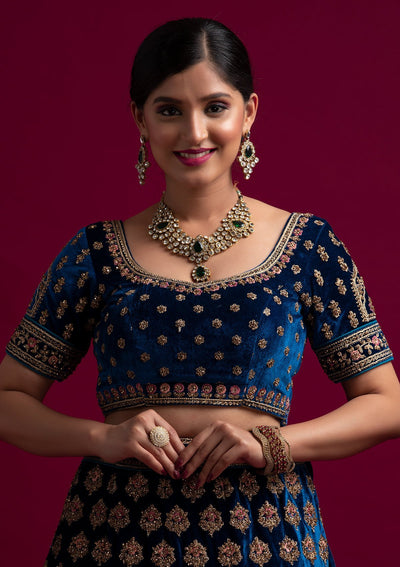 Peacock Blue Stonework Velvet Designer Semi-Stitched Lehenga - koskii