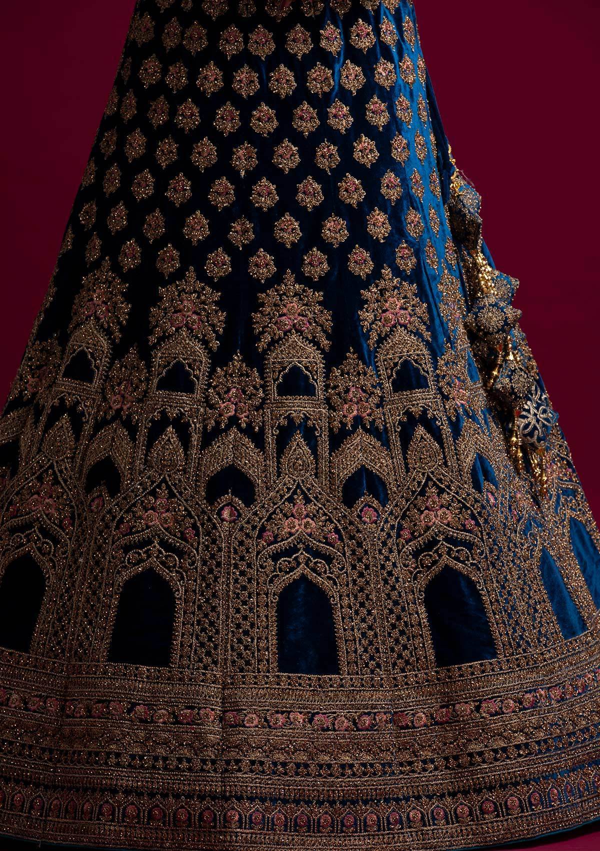 Peacock Blue Stonework Velvet Designer Semi-Stitched Lehenga - koskii
