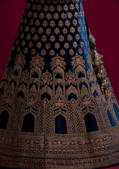 Peacock Blue Stonework Velvet Designer Semi-Stitched Lehenga - koskii