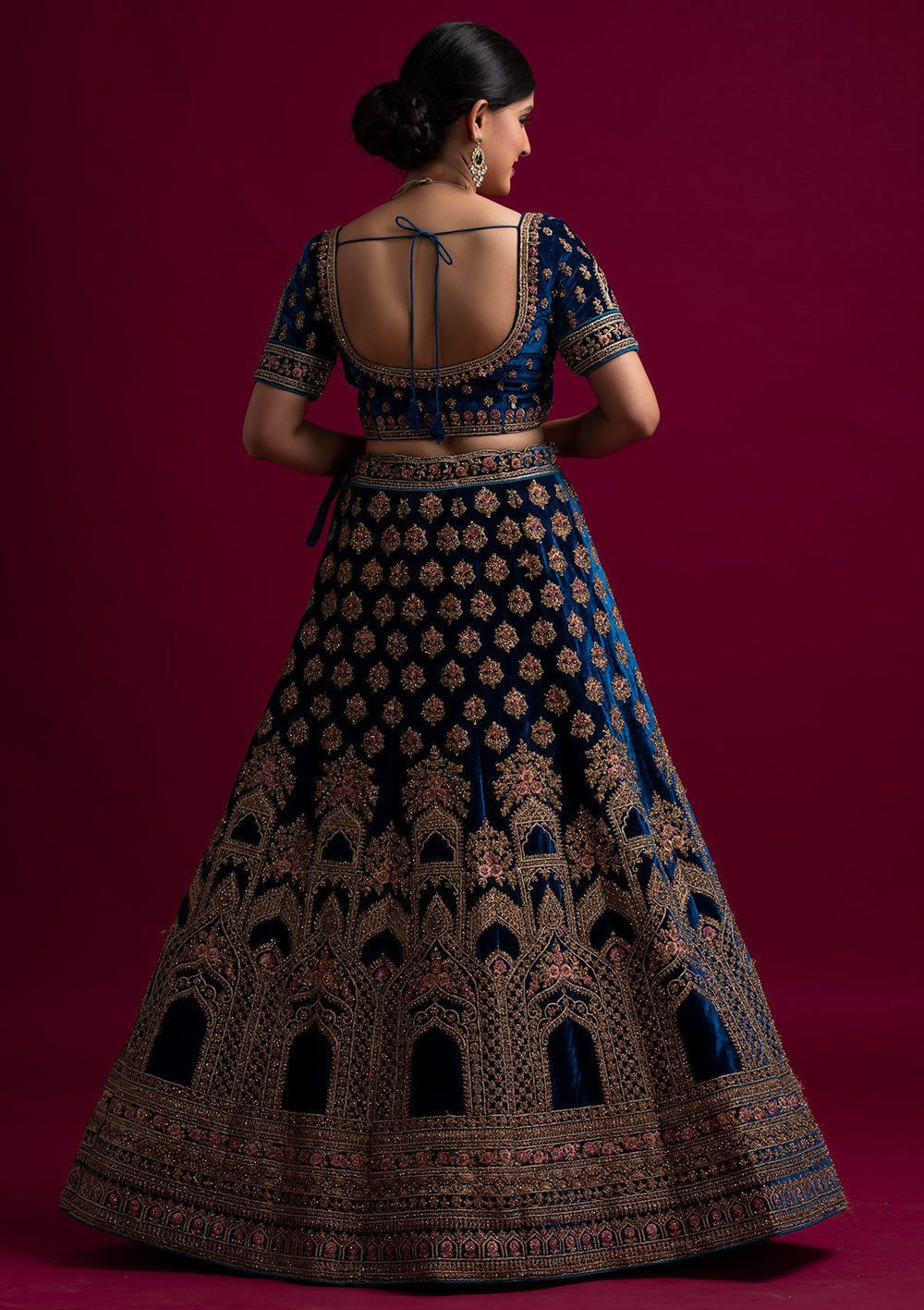 Peacock Blue Stonework Velvet Designer Semi-Stitched Lehenga - koskii