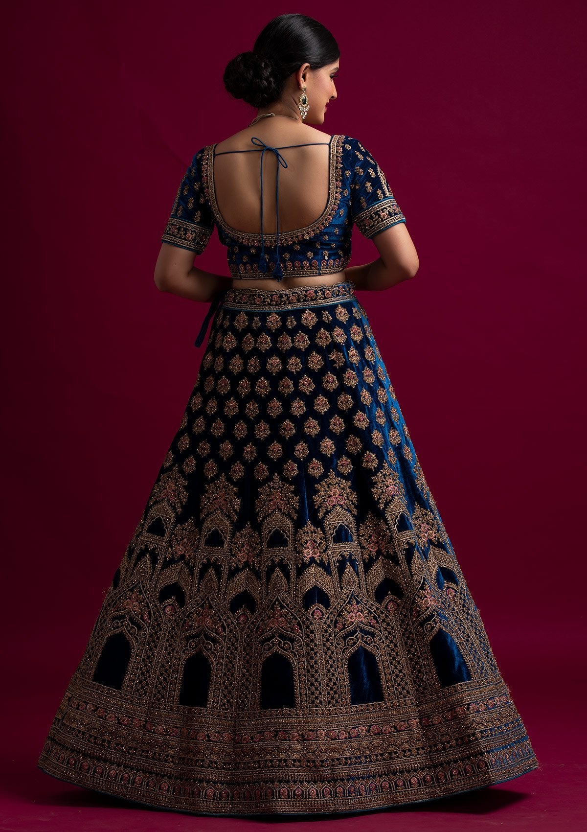 Peacock Blue Stonework Velvet Designer Semi-Stitched Lehenga - koskii