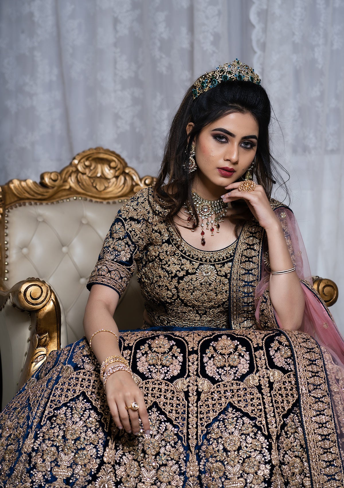 Peacock Blue Stonework Velvet Designer Lehenga - Koskii