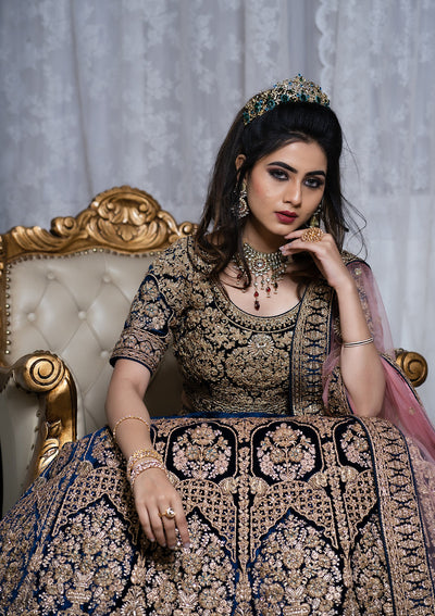 Peacock Blue Stonework Velvet Designer Lehenga - Koskii