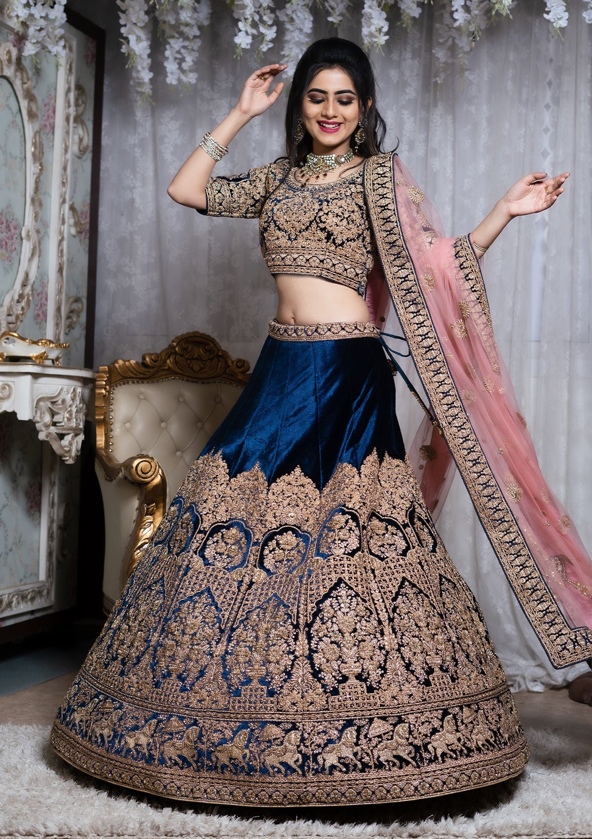 Buy Peacock Blue Stonework Velvet Semi Stitched Lehenga Koskii