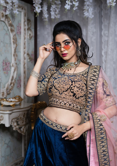 Peacock Blue Stonework Velvet Designer Lehenga - Koskii