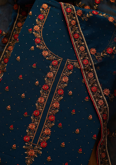 Peacock Blue Swarovski Georgette Designer Unstitched Salwar Suit - koskii