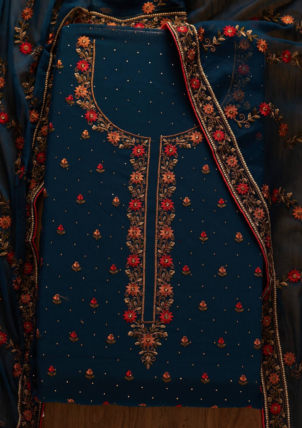 Peacock Blue Swarovski Georgette Designer Unstitched Salwar Suit - koskii
