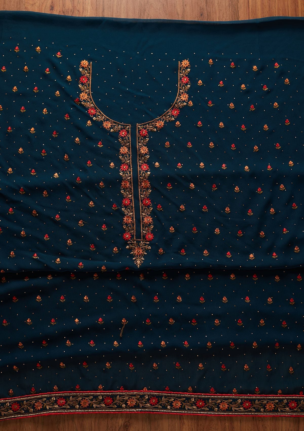 Peacock Blue Swarovski Georgette Designer Unstitched Salwar Suit - koskii