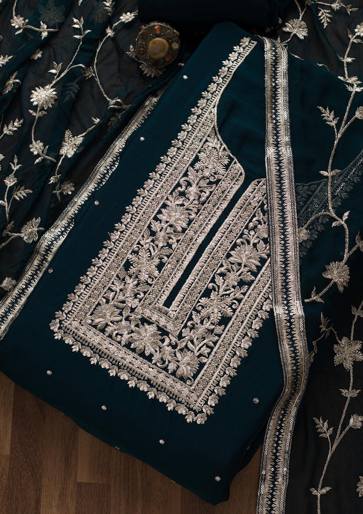 Peacock Blue Swarovski Georgette Unstitched Salwar Suit-Koskii