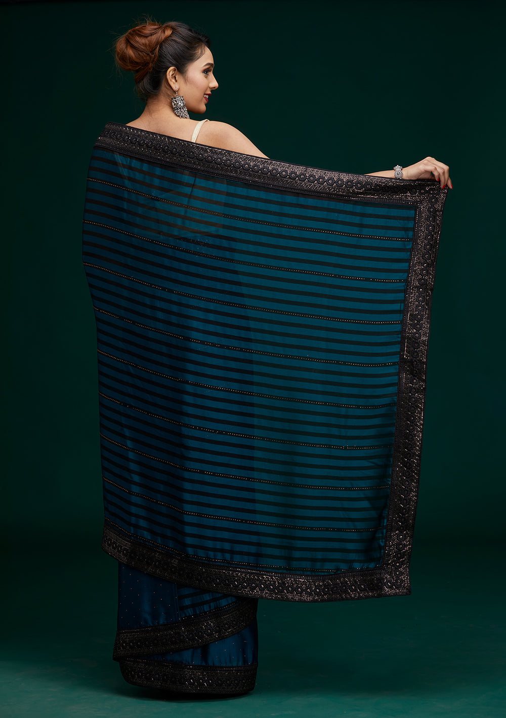 Peacock Blue Swarovski Georgette Saree - Koskii