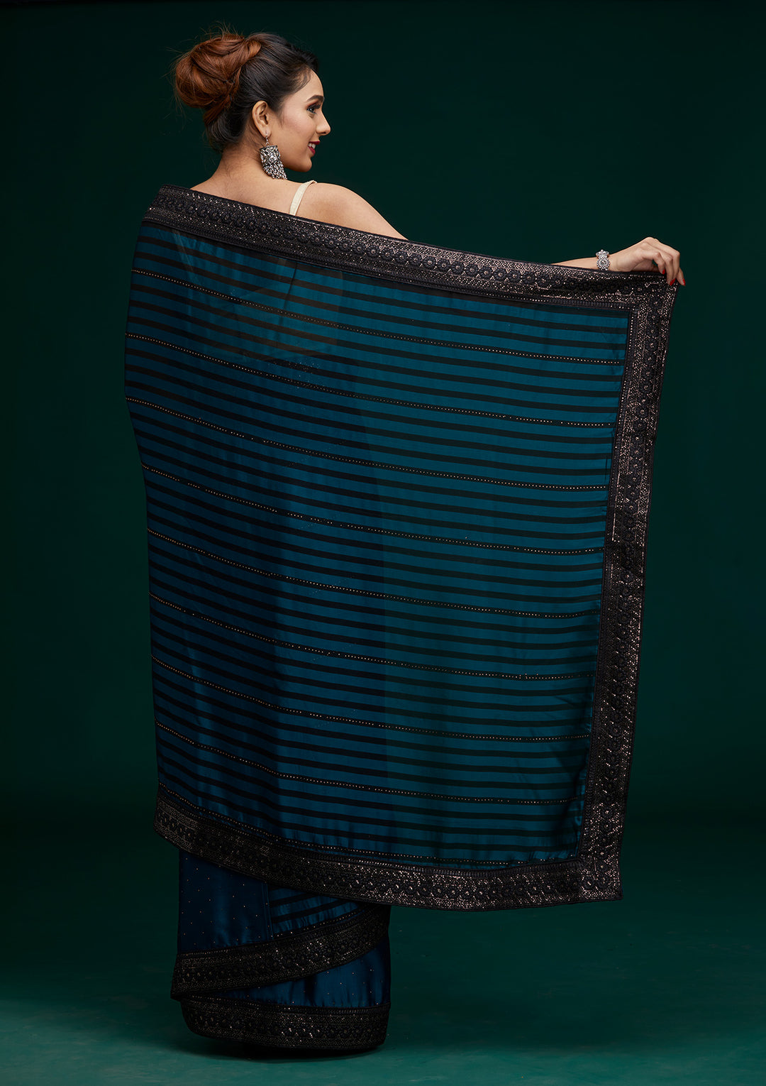 Peacock Blue Swarovski Georgette Saree - Koskii