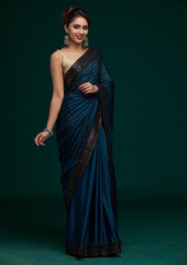 Peacock Blue Swarovski Georgette Saree - Koskii