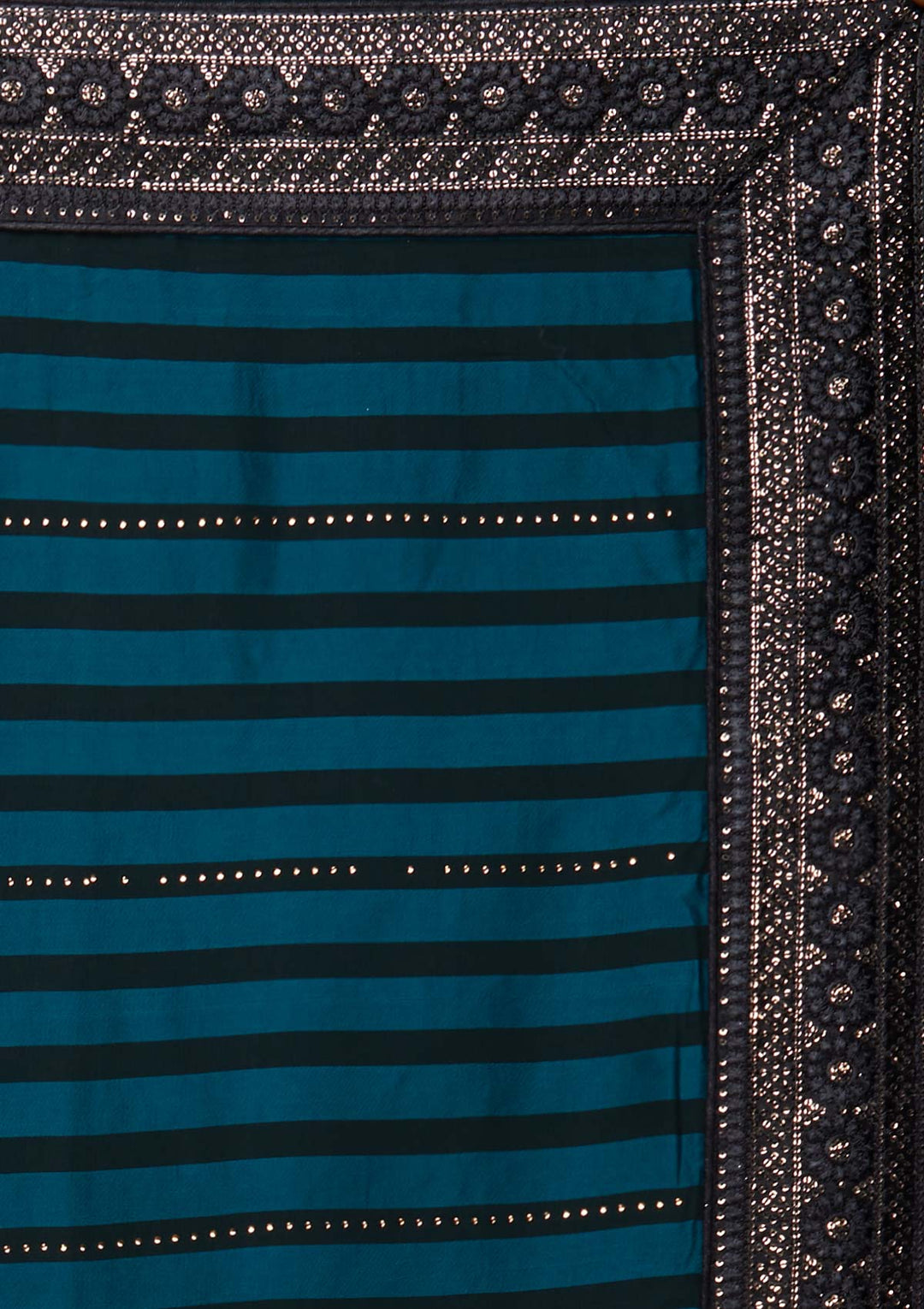 Peacock Blue Swarovski Georgette Saree - Koskii