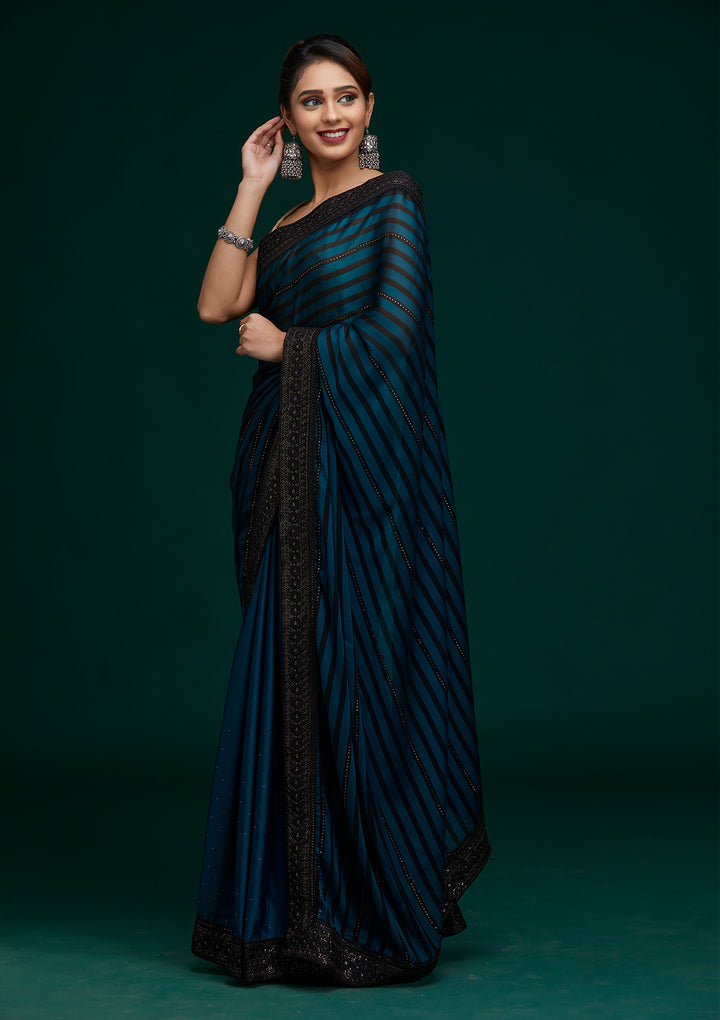 Peacock Blue Swarovski Georgette Saree - Koskii