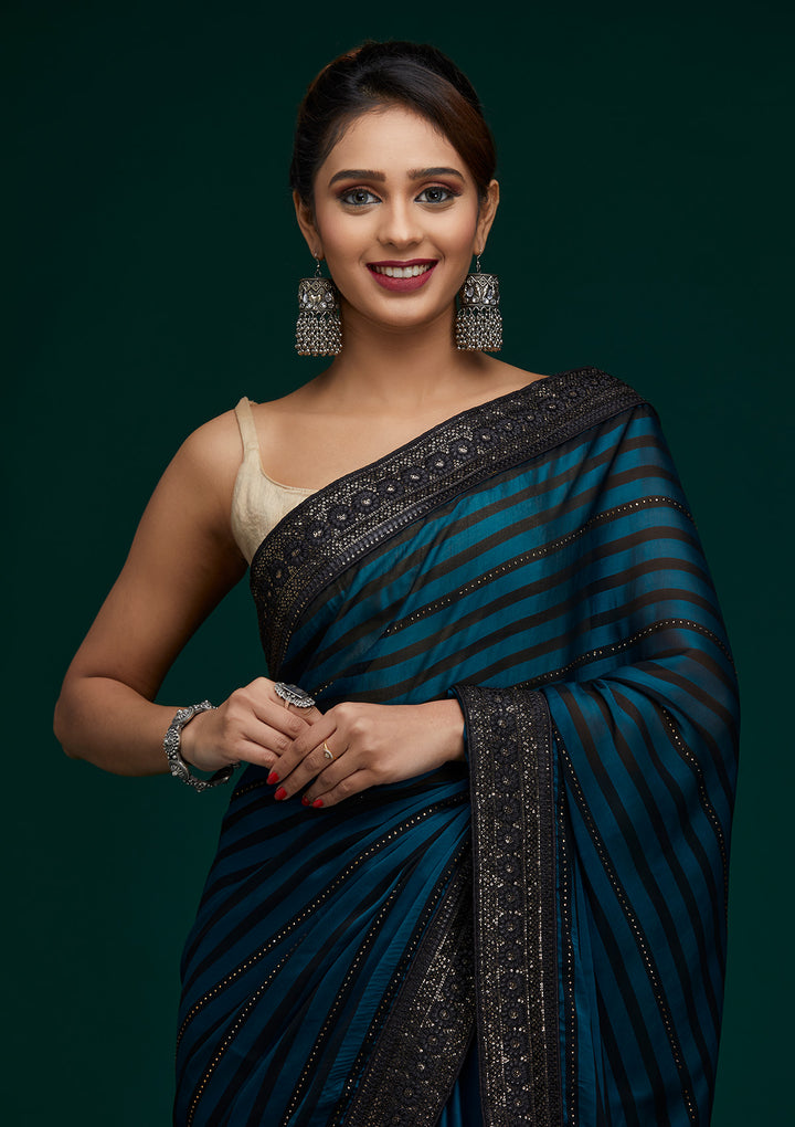 Peacock Blue Swarovski Georgette Saree - Koskii
