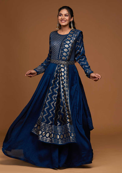 Peacock Blue Sequins Raw Silk Designer Anarkali Suit - Koskii