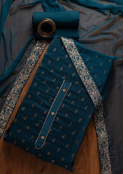 Peacock Blue Swarovski Satin Designer Unstitched Salwar Suit - koskii