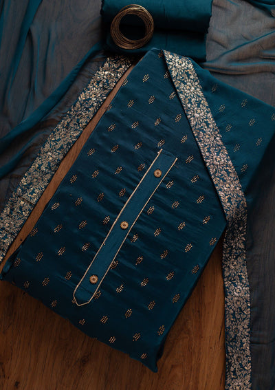 Peacock Blue Swarovski Satin Designer Unstitched Salwar Suit - koskii