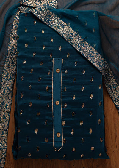 Peacock Blue Swarovski Satin Designer Unstitched Salwar Suit - koskii