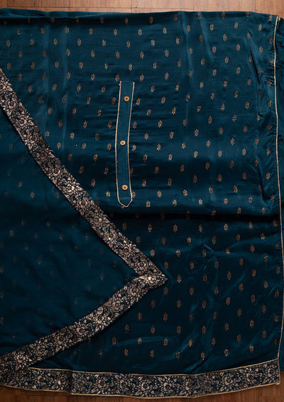 Peacock Blue Swarovski Satin Designer Unstitched Salwar Suit - koskii