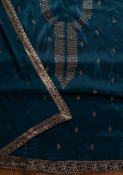 Peacock Blue Swarovski Satin Designer Unstitched Salwar Suit - koskii