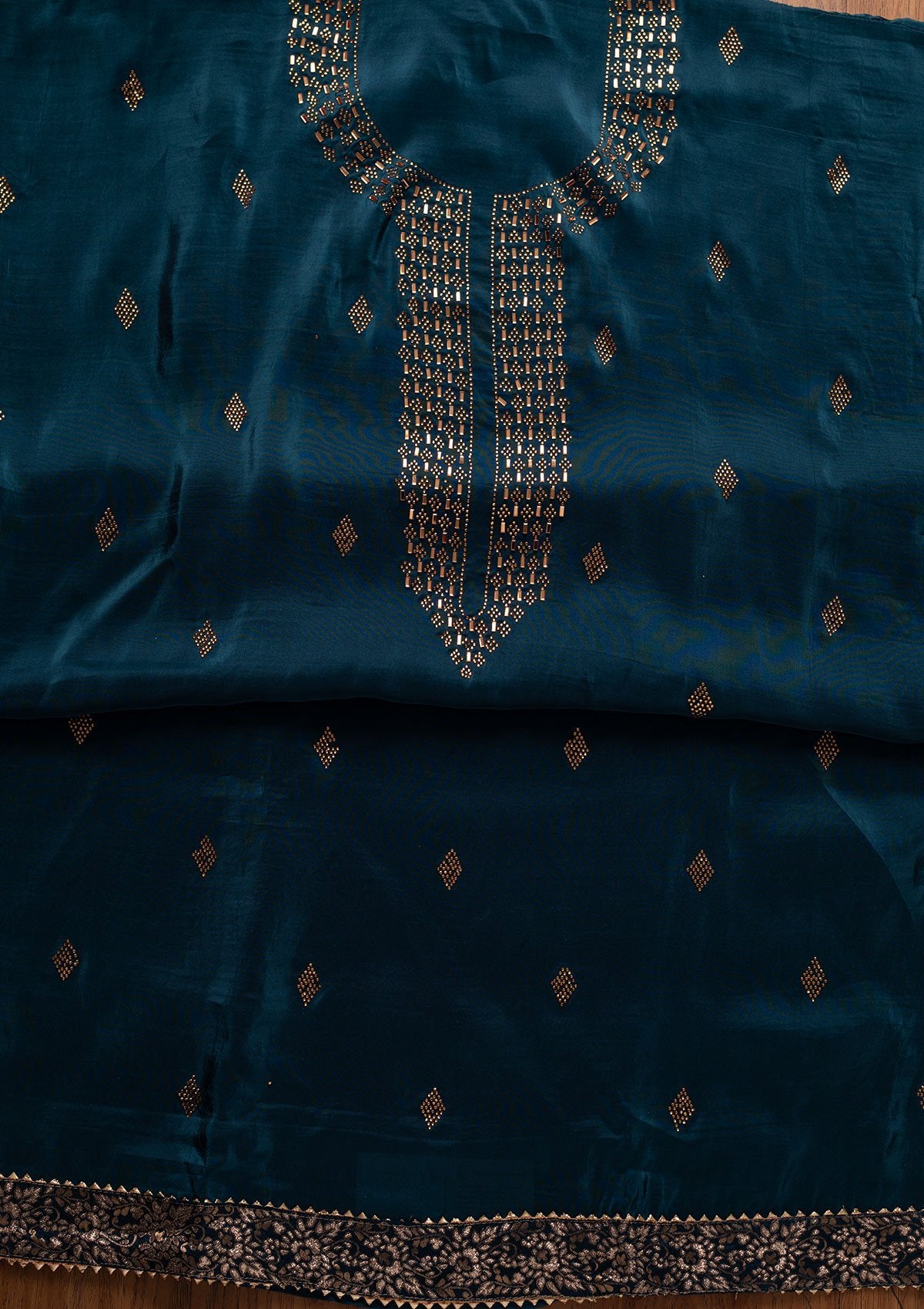 Peacock Blue Swarovski Satin Designer Unstitched Salwar Suit - koskii