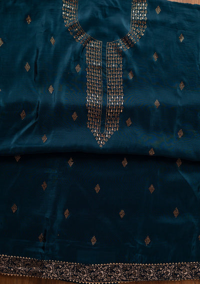 Peacock Blue Swarovski Satin Designer Unstitched Salwar Suit - koskii