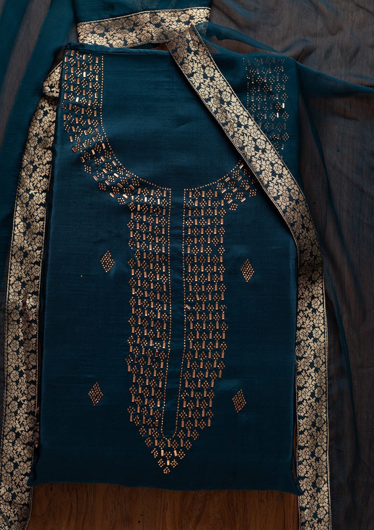 Peacock Blue Swarovski Satin Designer Unstitched Salwar Suit - koskii