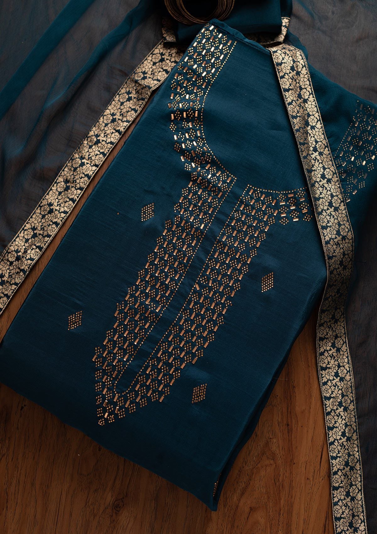 Peacock Blue Swarovski Satin Designer Unstitched Salwar Suit - koskii