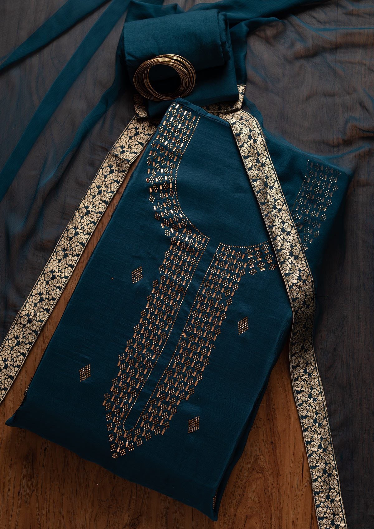 Peacock Blue Swarovski Satin Designer Unstitched Salwar Suit - koskii