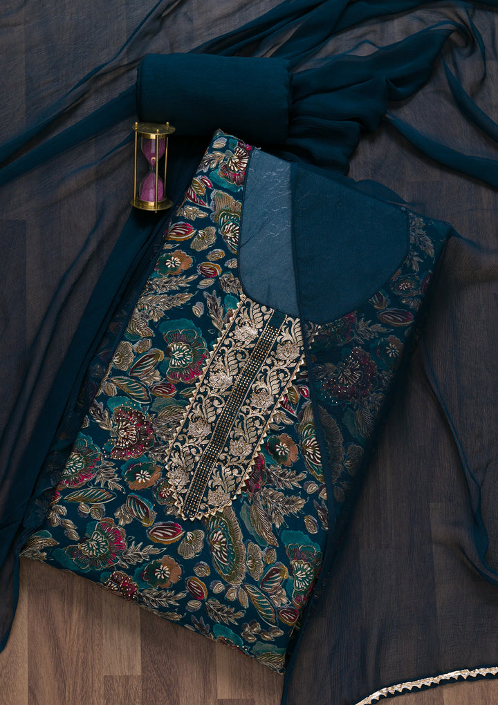 Peacock Blue Semi Crepe Swarovski Unstitched Salwar Suit-Koskii