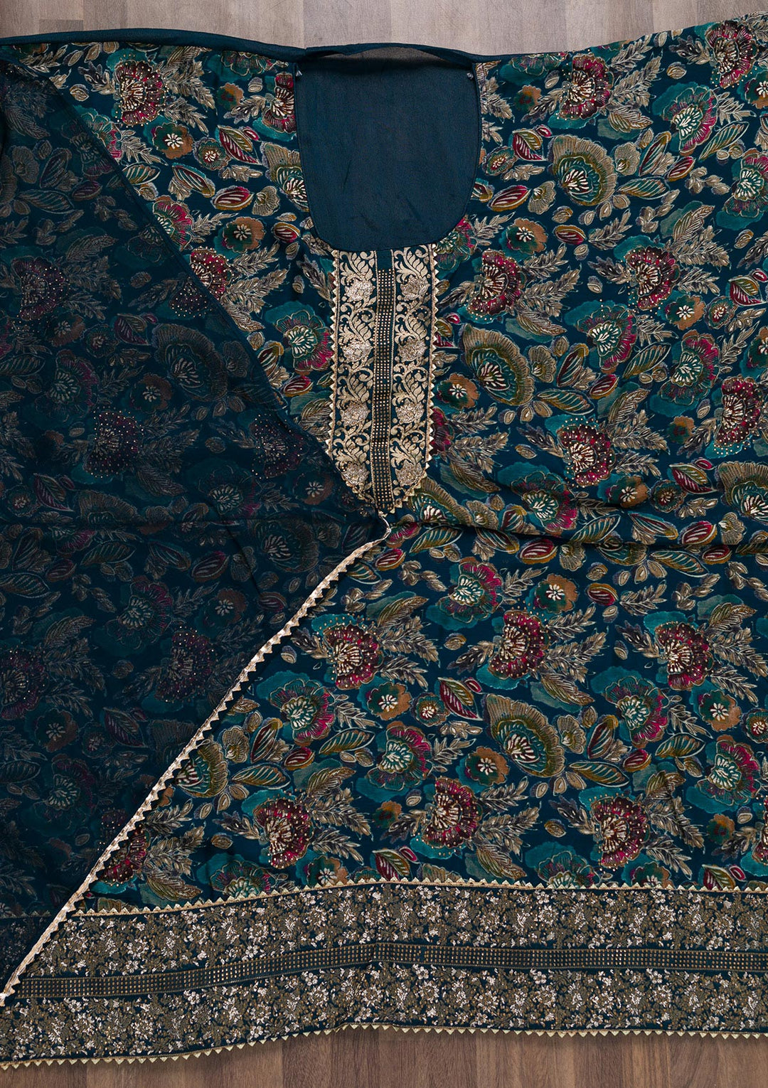 Peacock Blue Semi Crepe Swarovski Unstitched Salwar Suit-Koskii