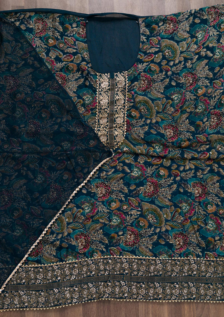 Peacock Blue Semi Crepe Swarovski Unstitched Salwar Suit-Koskii