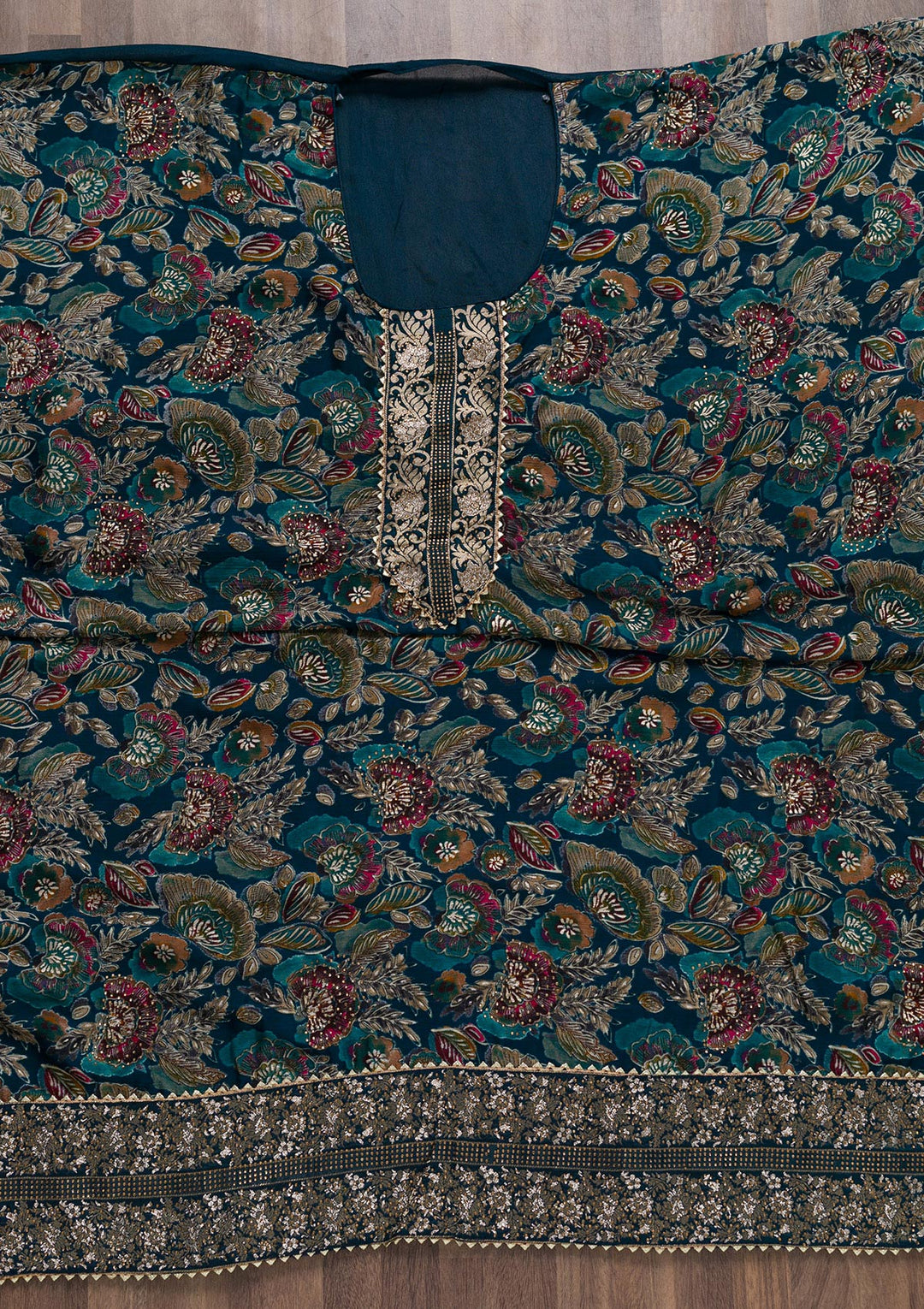 Peacock Blue Semi Crepe Swarovski Unstitched Salwar Suit-Koskii