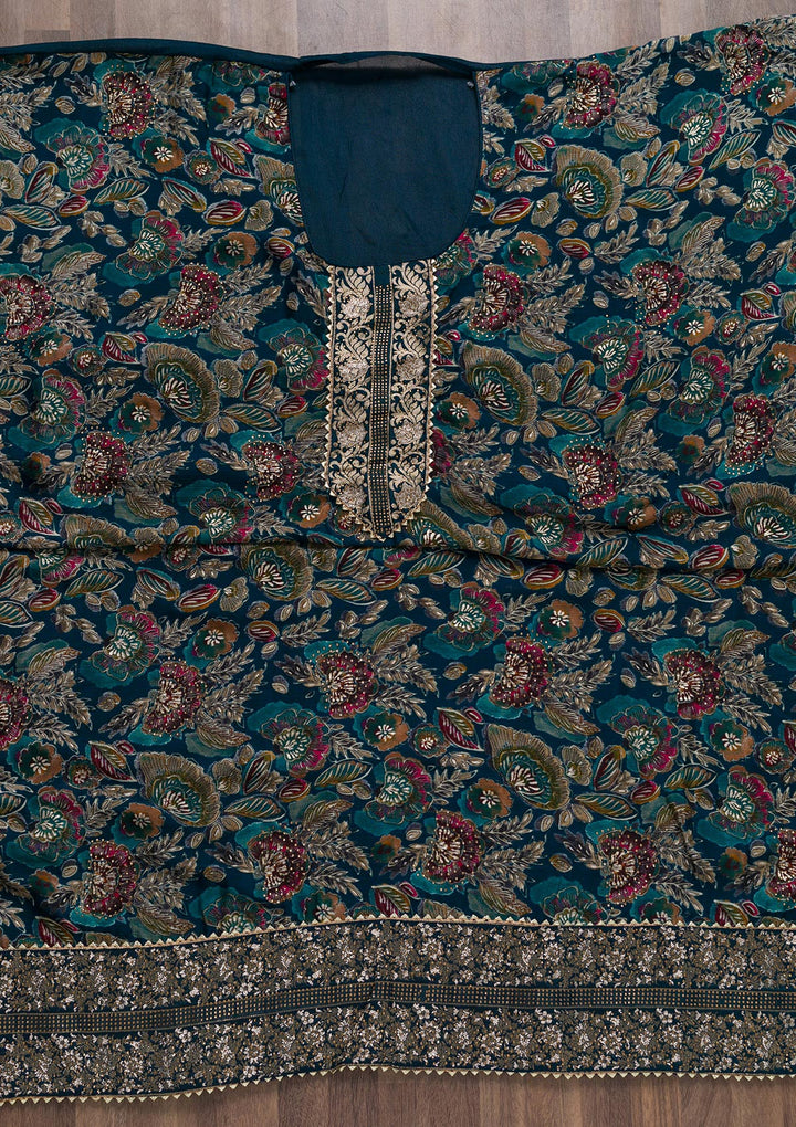 Peacock Blue Semi Crepe Swarovski Unstitched Salwar Suit-Koskii