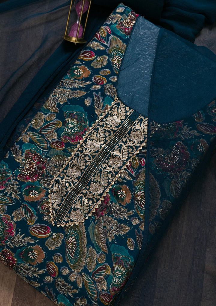 Peacock Blue Semi Crepe Swarovski Unstitched Salwar Suit-Koskii