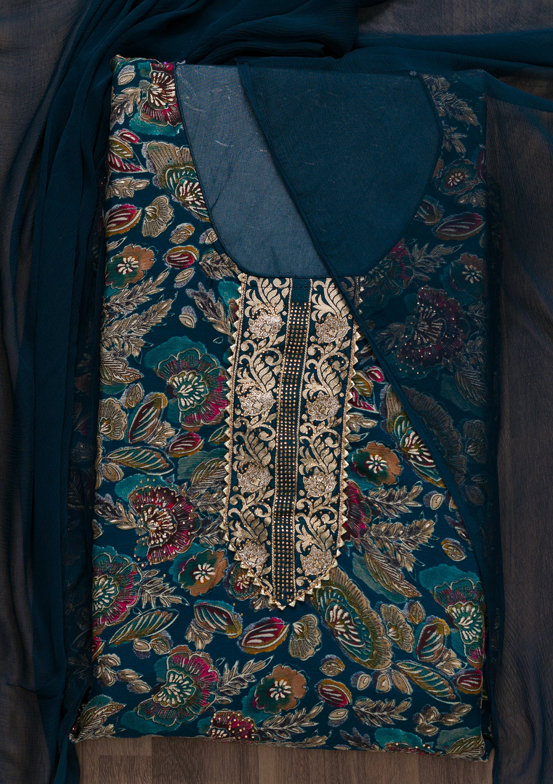 Peacock Blue Semi Crepe Swarovski Unstitched Salwar Suit-Koskii
